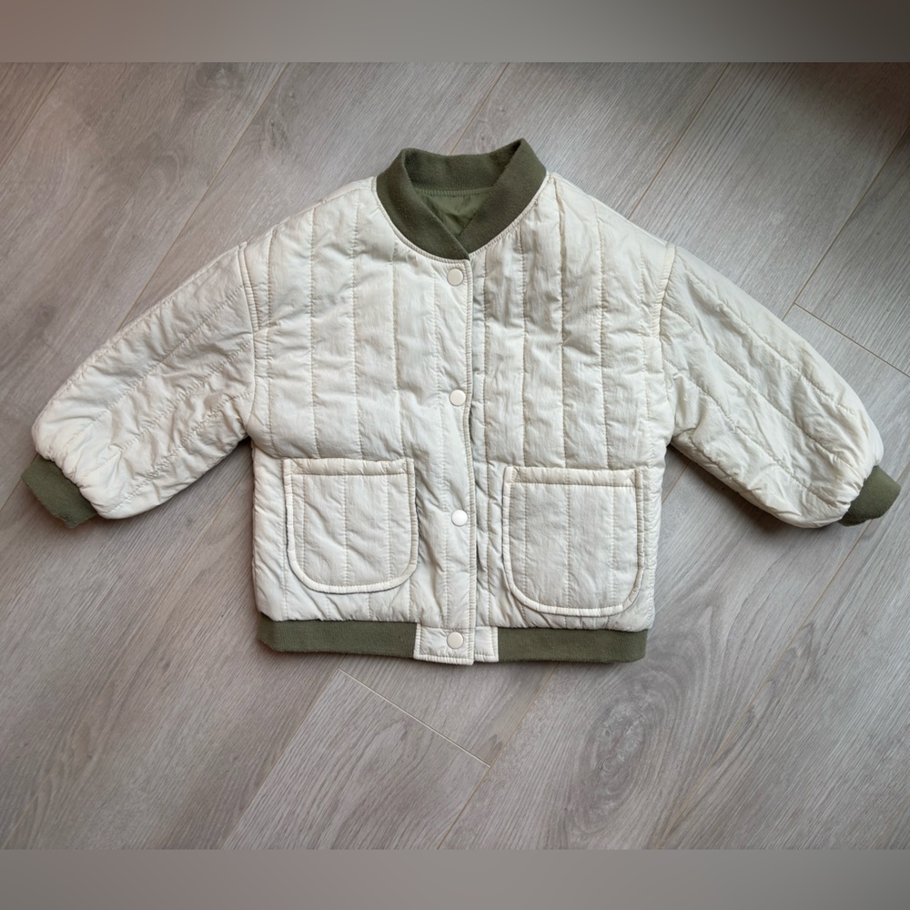 ZARA | Reversible Padded Bomber Jacket White & Light Olive Green 2-3T